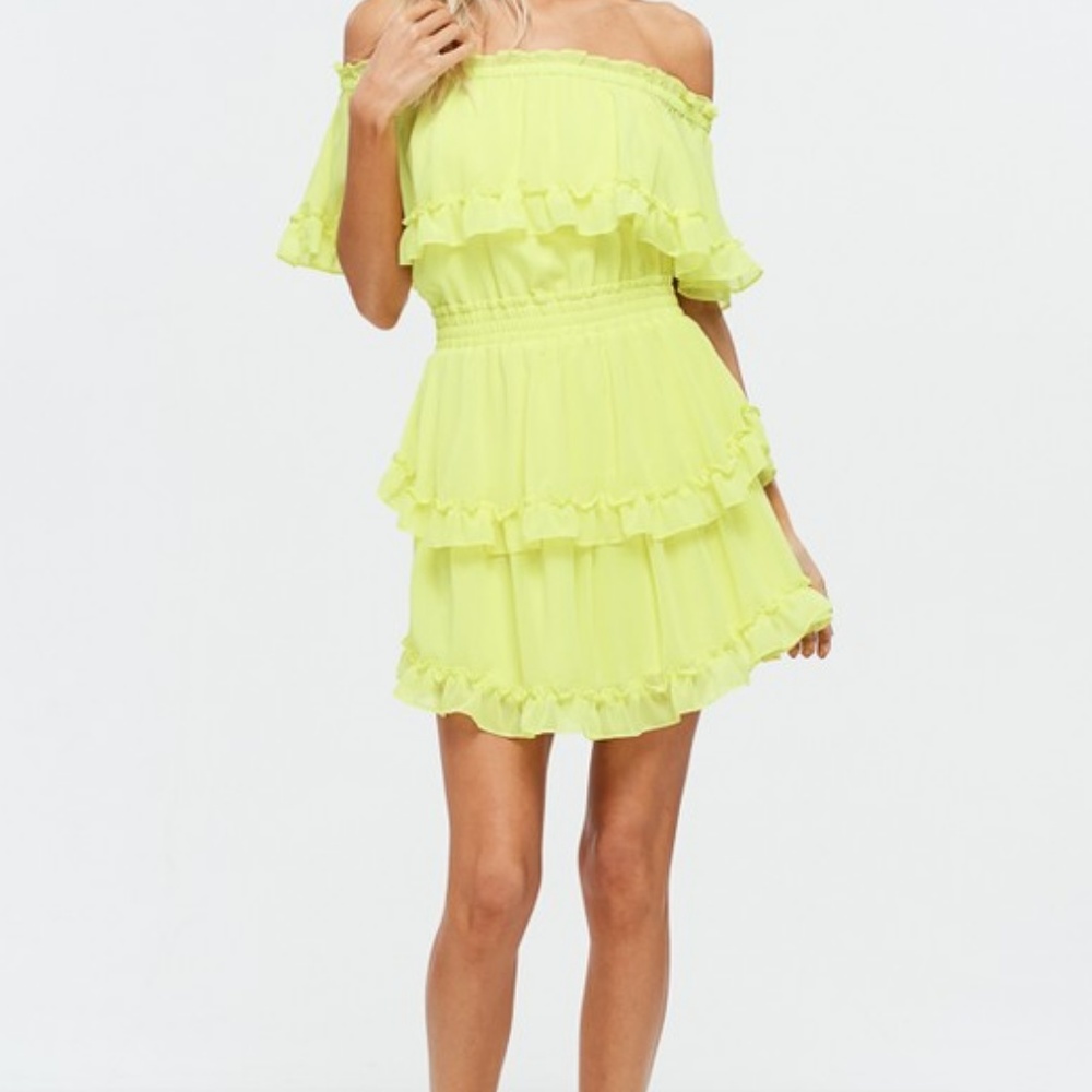 SALE! Neon Ruffled Off the Shoulder Chiffon Dress - Picture 7 of 8